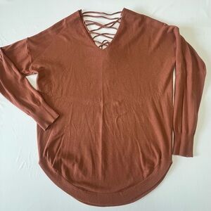 Rust V-Neck Sweater with Crisscross Detail